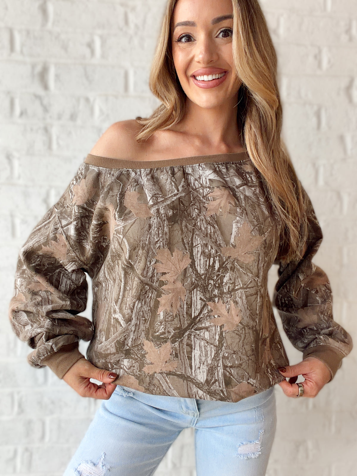 Timber Trail Off Shoulder Camo Sweatshirt