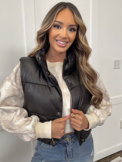 Cropped Black PU Faux Leather Puffer Vest