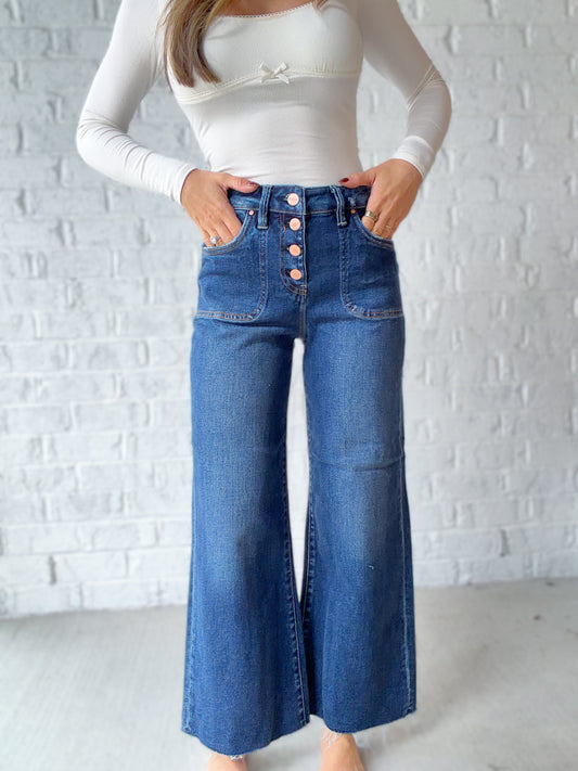 Lillianne High Rise Crop Wide Button Up Jeans