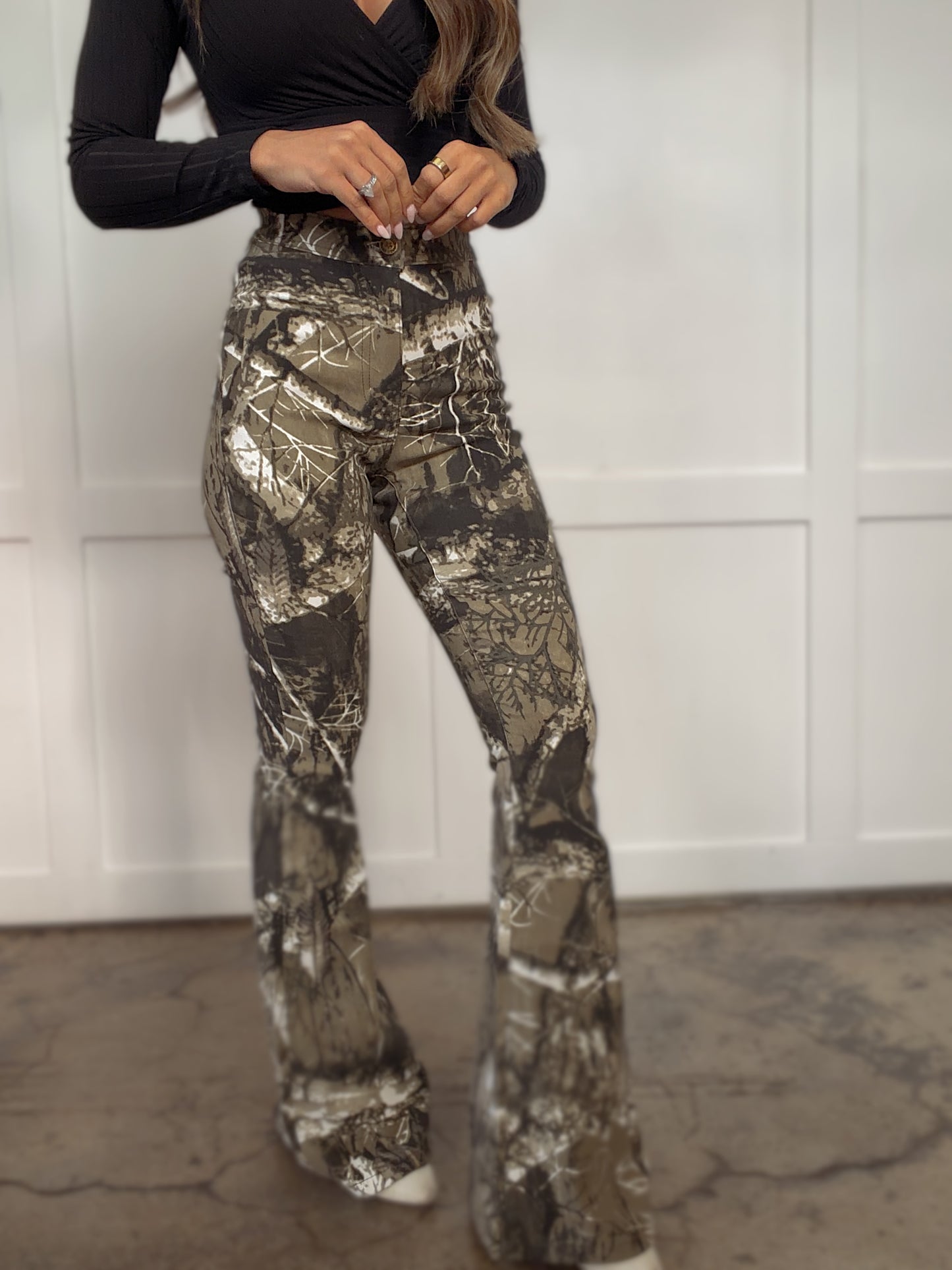 PREORDER: Fiona High Waisted Bell Bottom Flare Jeans - Brown CAMO