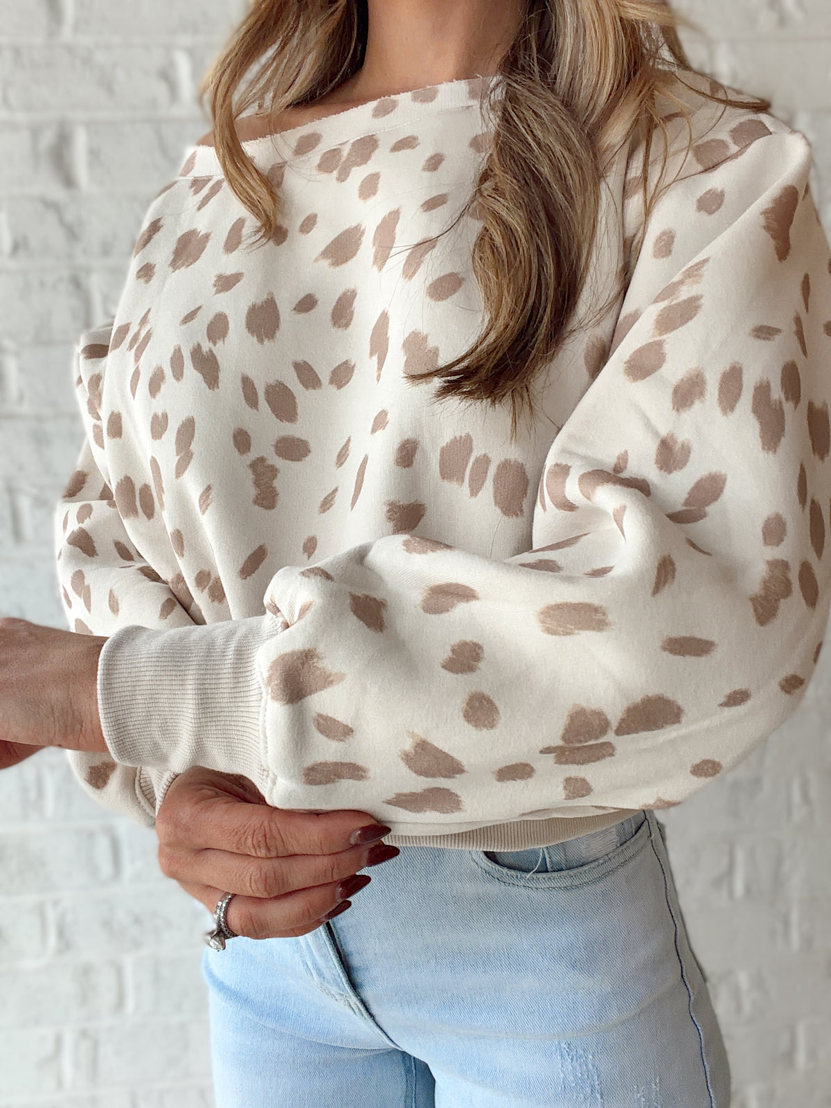 Billie Deer Print Off The Shoulder Crewneck