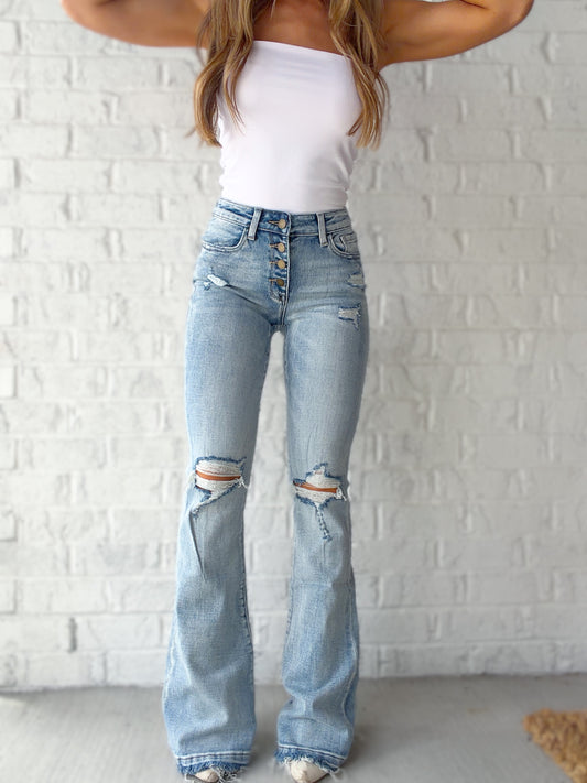 Sawyer Mid Rise Distressed Flare Jeans