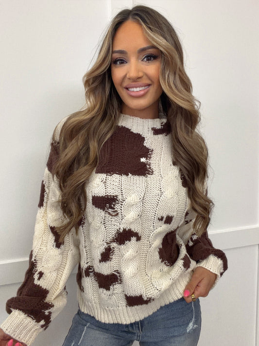 Prairie Cable Knit Cow Pattern Chunky Sweater