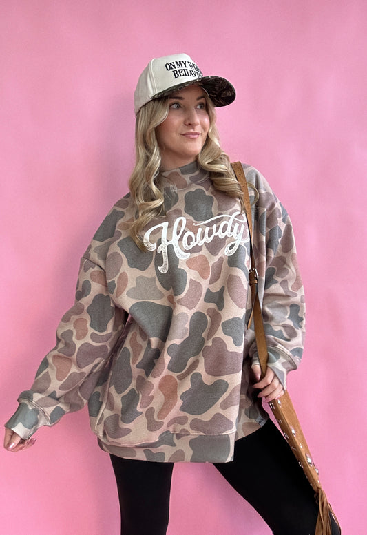 Tilly Howdy Oversized Dark Camo Mock Neck Crew