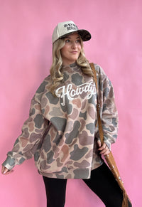 Tilly Howdy Oversized Dark Camo Mock Neck Crew