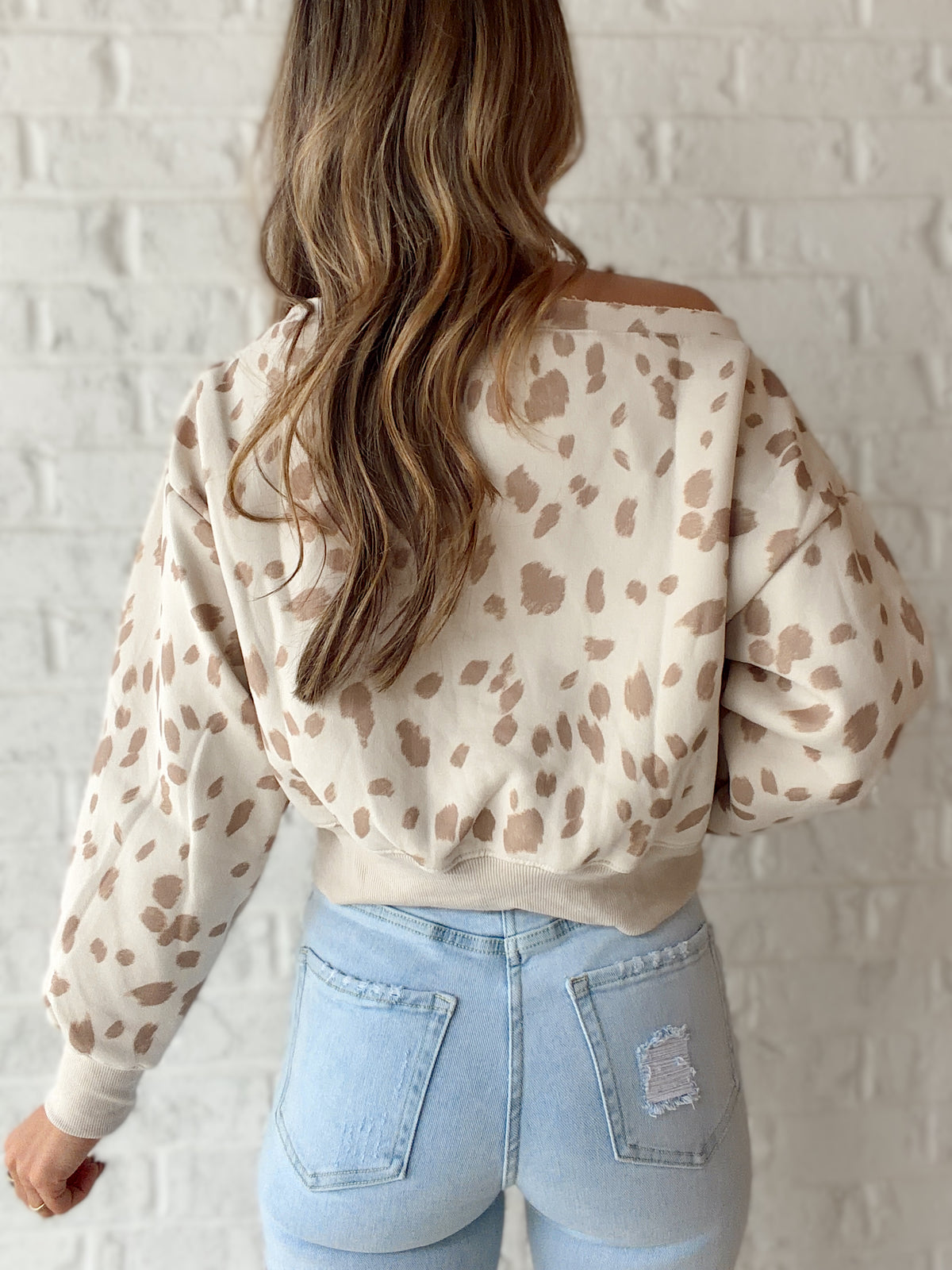 Billie Deer Print Off The Shoulder Crewneck