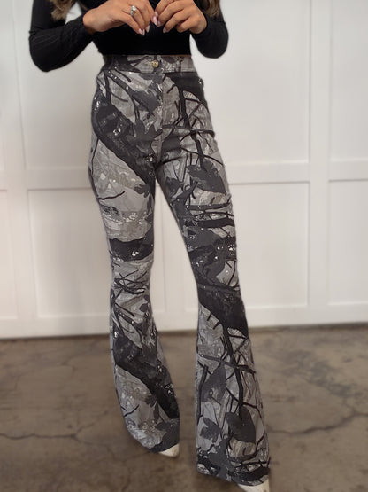 PREORDER: Fiona High Waisted Bell Bottom Flare Jeans - Grey CAMO