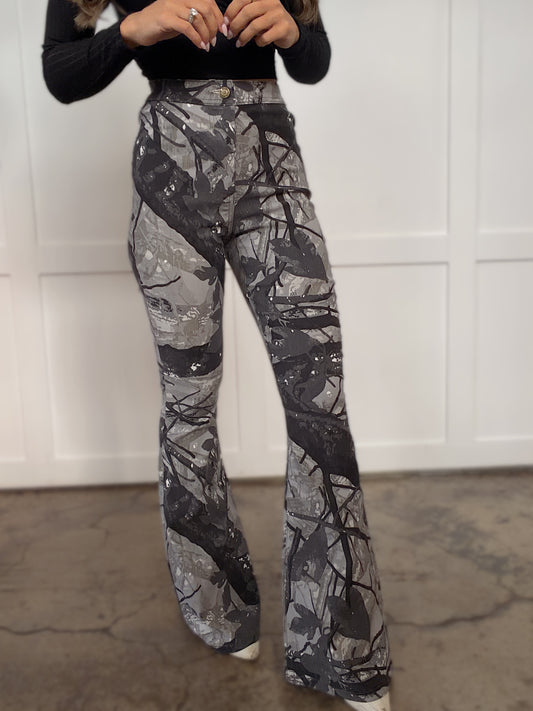 PREORDER: Fiona High Waisted Bell Bottom Flare Jeans - Grey CAMO