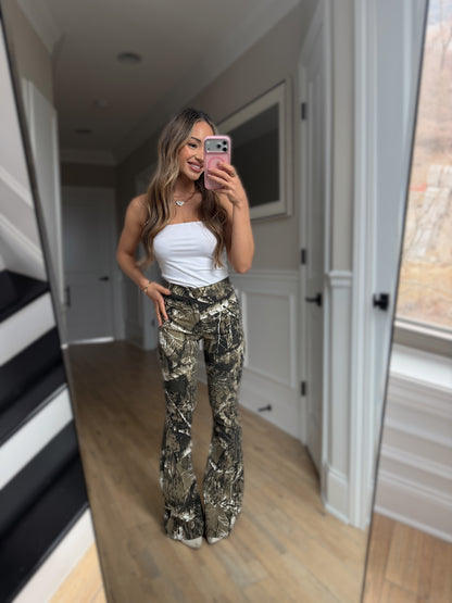 Fiona High Waisted Bell Bottom Flare Jeans - Moss Brown Camo