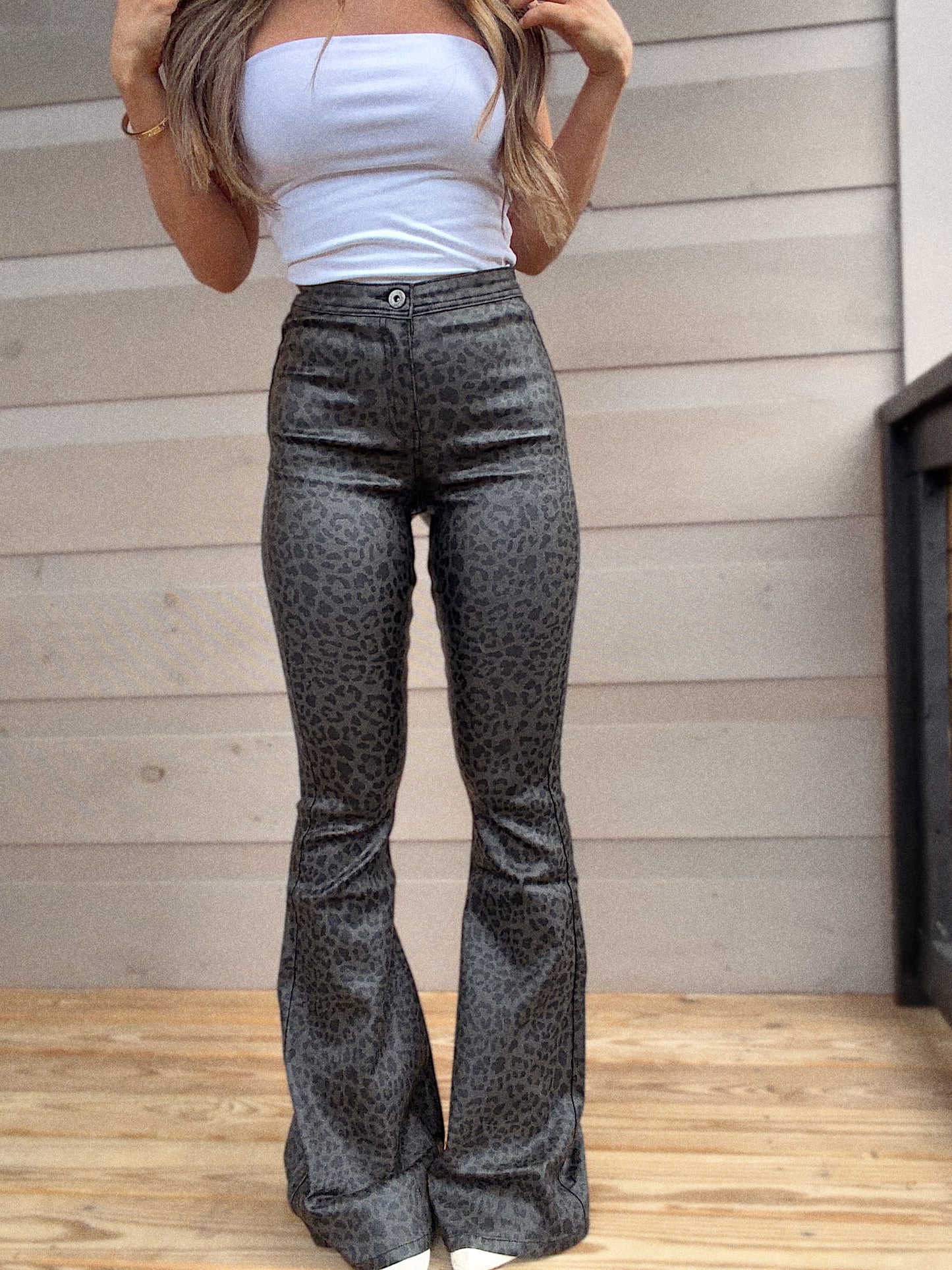 PREORDER: Fiona Leather Leopard High Waisted Bell Bottom Flare Jeans - Black Midnight Leopard