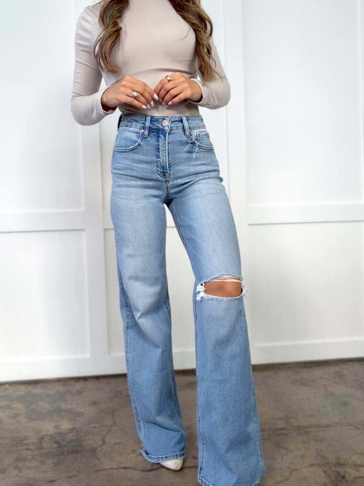 Miranda Risen Distressed Wide Leg Jeans