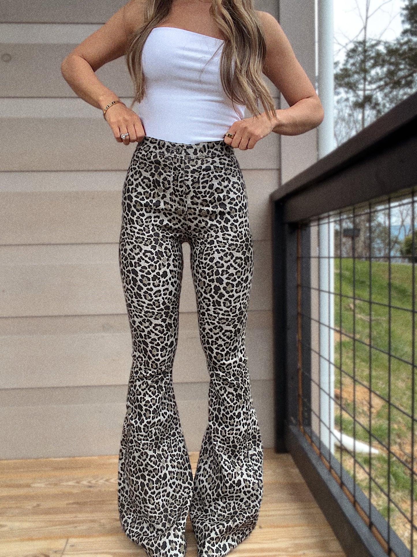 PREORDER: Fiona Leather Leopard High Waisted Bell Bottom Flare Jeans - Grey Moonstone Leopard