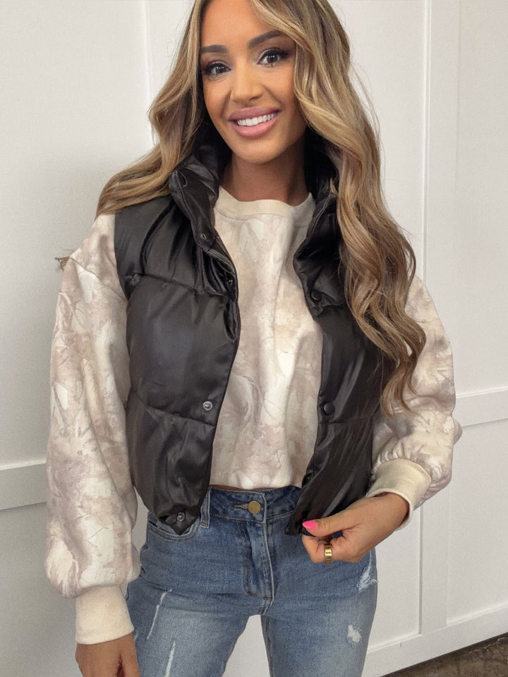 Cropped Black PU Faux Leather Puffer Vest