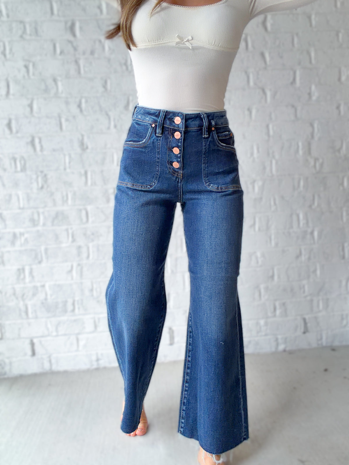 Lillianne High Rise Crop Wide Button Up Jeans