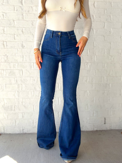 Fiona High Waisted Bell Bottom Flare Jeans - Medium Wash Denim