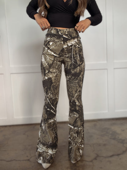 PREORDER: Fiona High Waisted Bell Bottom Flare Jeans - Brown CAMO