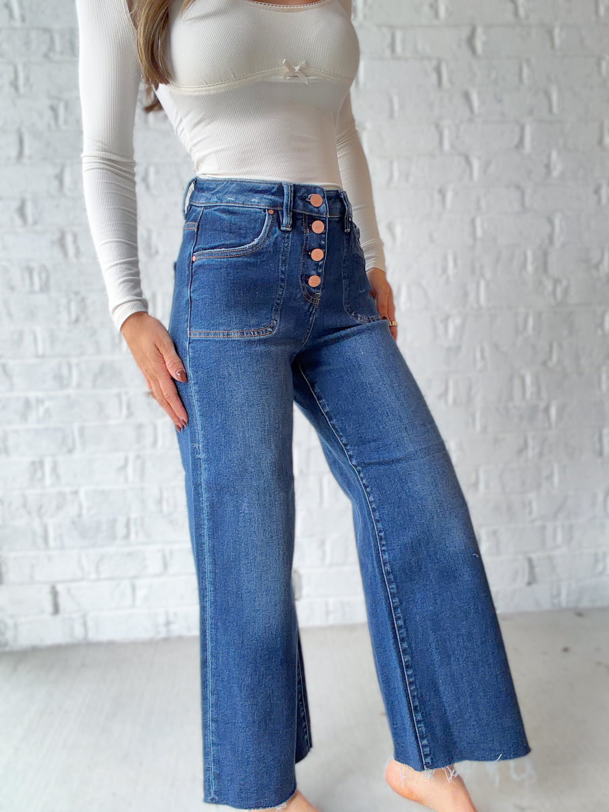 Lillianne High Rise Crop Wide Button Up Jeans
