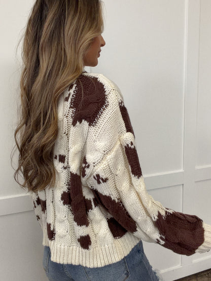 Prairie Cable Knit Cow Pattern Chunky Sweater