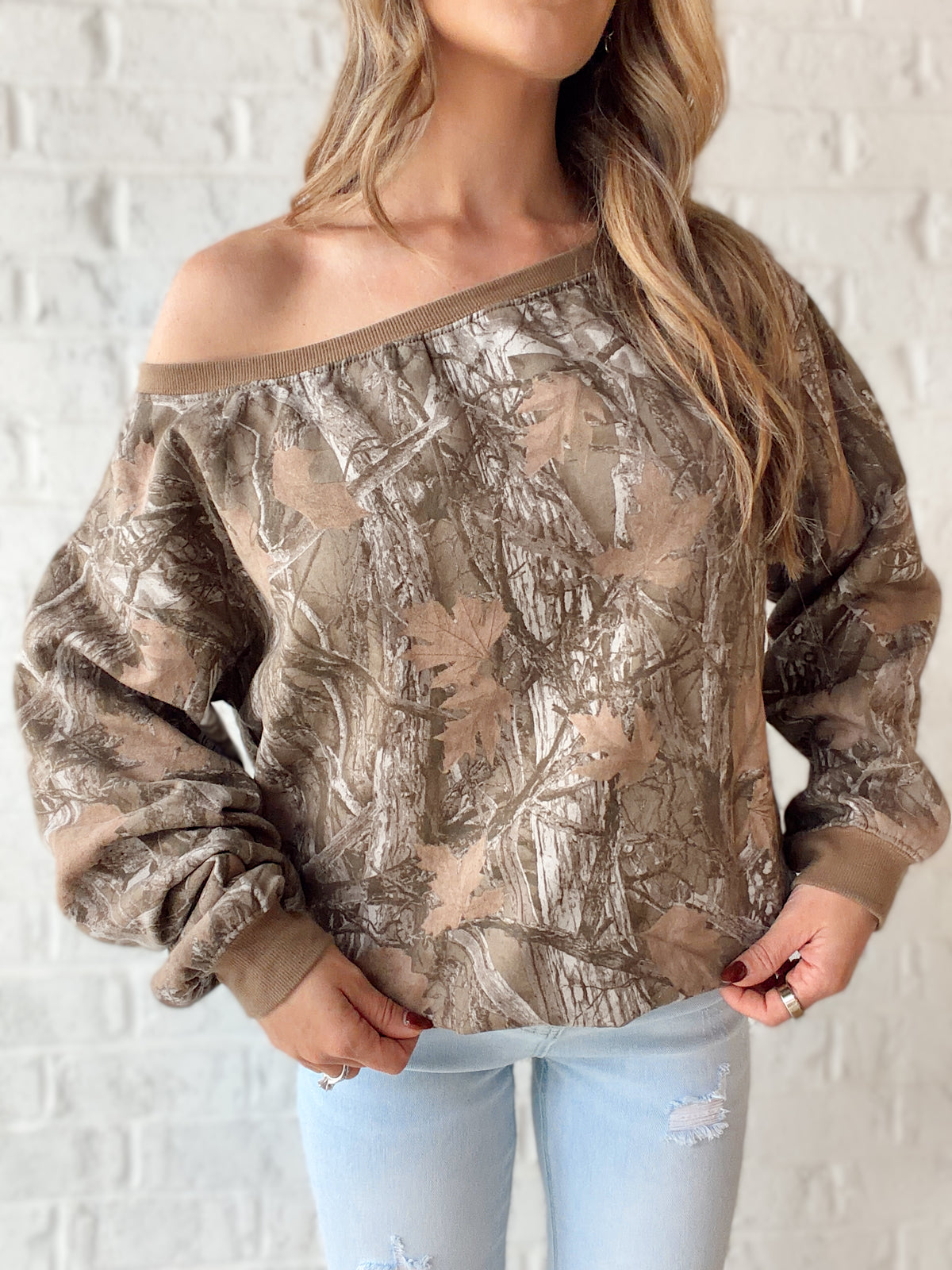 Timber Trail Off Shoulder Camo Sweatshirt