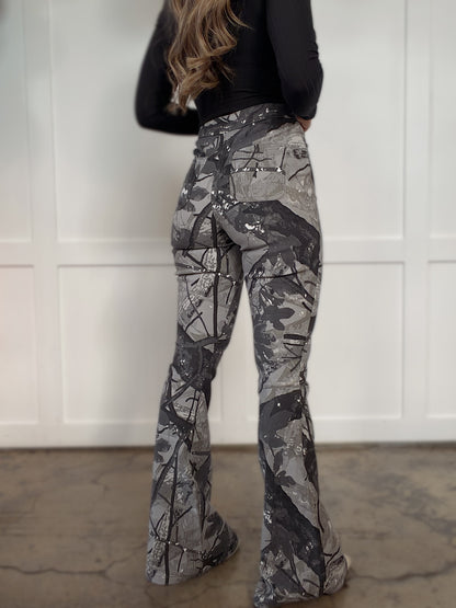 PREORDER: Fiona High Waisted Bell Bottom Flare Jeans - Grey CAMO
