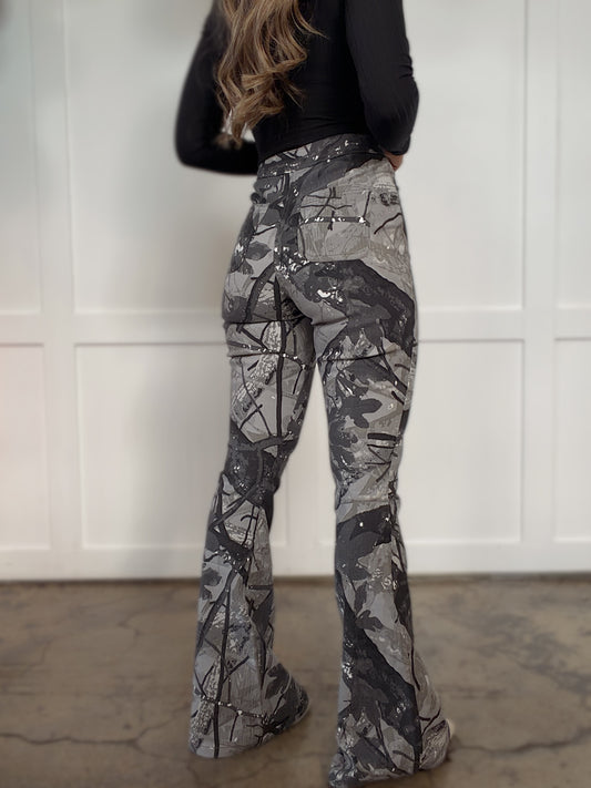PREORDER: Fiona High Waisted Bell Bottom Flare Jeans - Grey CAMO