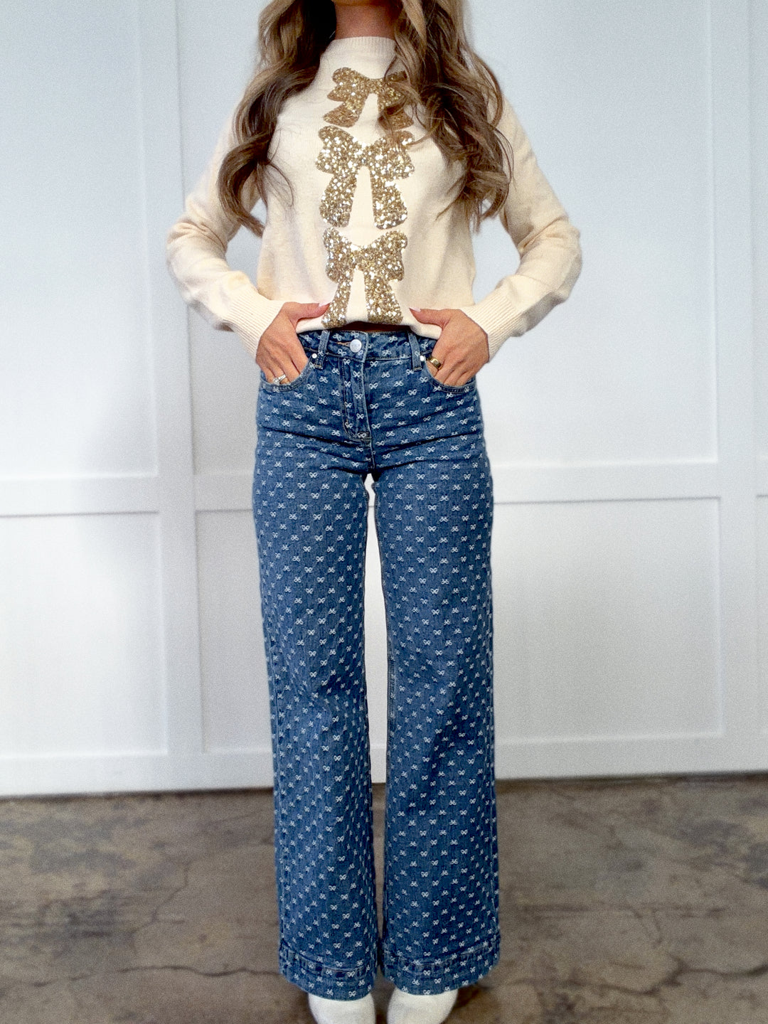 Evie Embroidered Bow Wide Leg Jeans