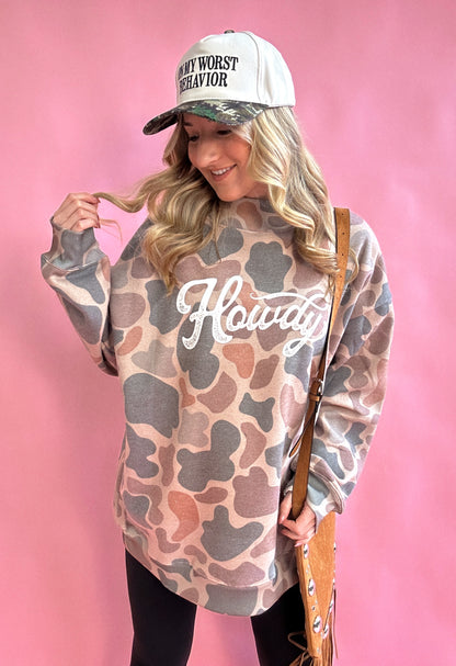 Tilly Howdy Oversized Dark Camo Mock Neck Crew