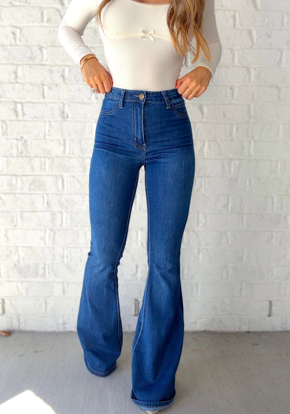 Fiona High Waisted Bell Bottom Flare Jeans - Medium Wash Denim