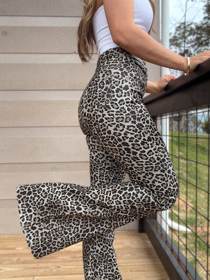 PREORDER: Fiona Leather Leopard High Waisted Bell Bottom Flare Jeans - Grey Moonstone Leopard