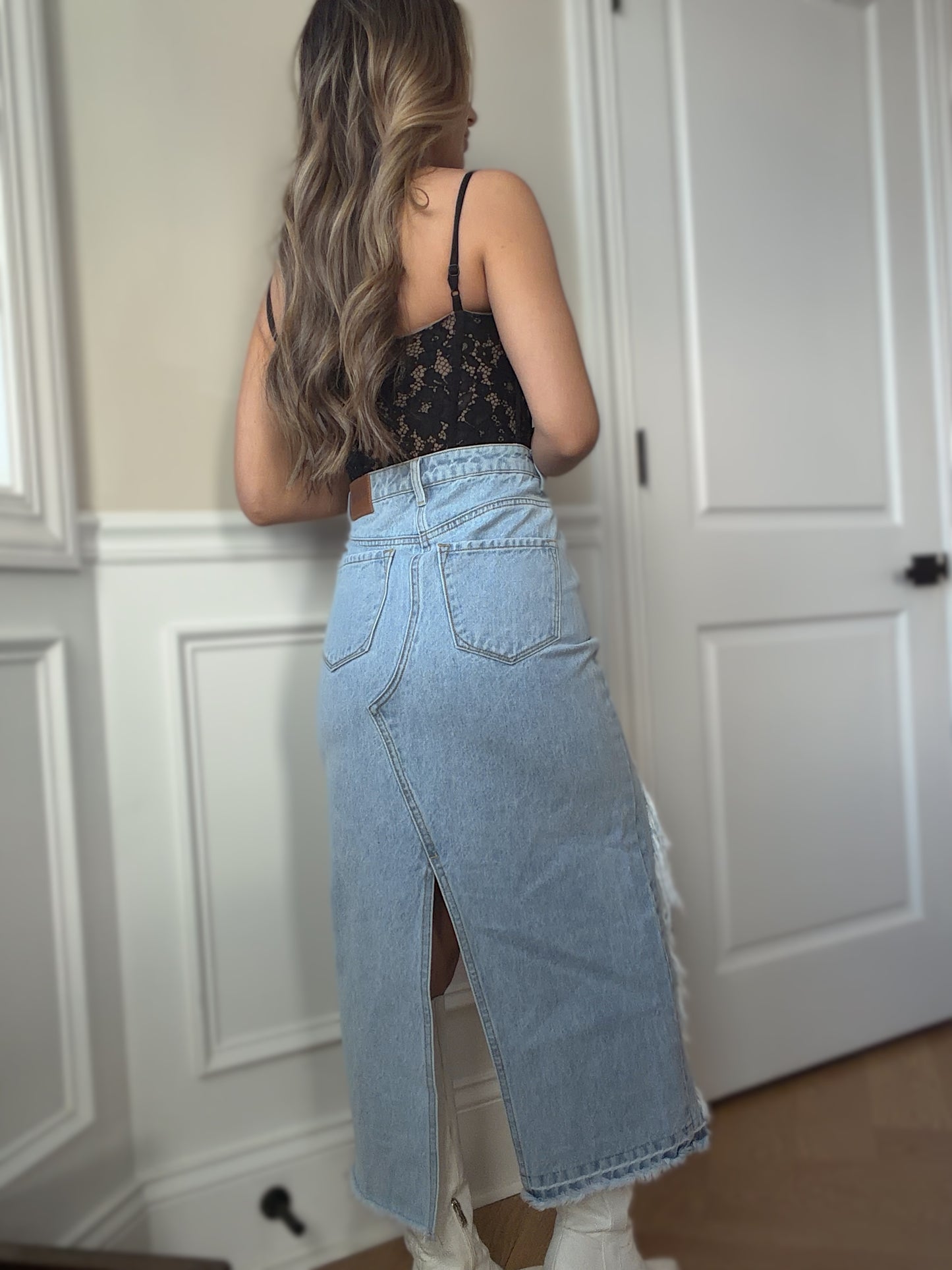 PREORDER: Harper Heavily Distressed Denim Maxi Skirt