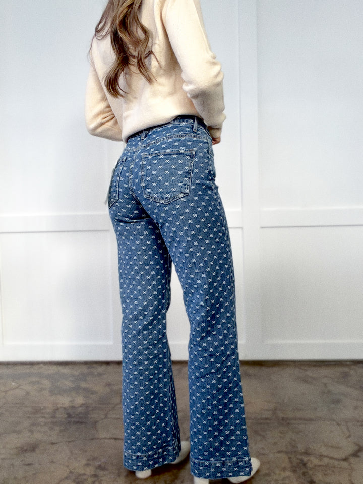Evie Embroidered Bow Wide Leg Jeans