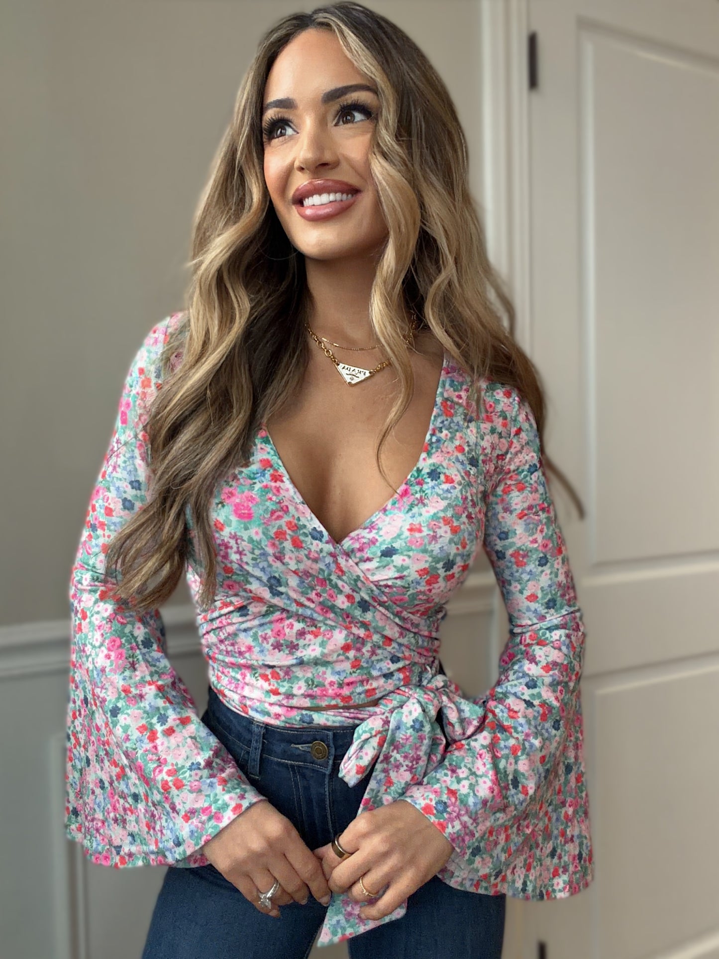 Woodstock Floral Bell Sleeve Wrap Top - Wild Petal