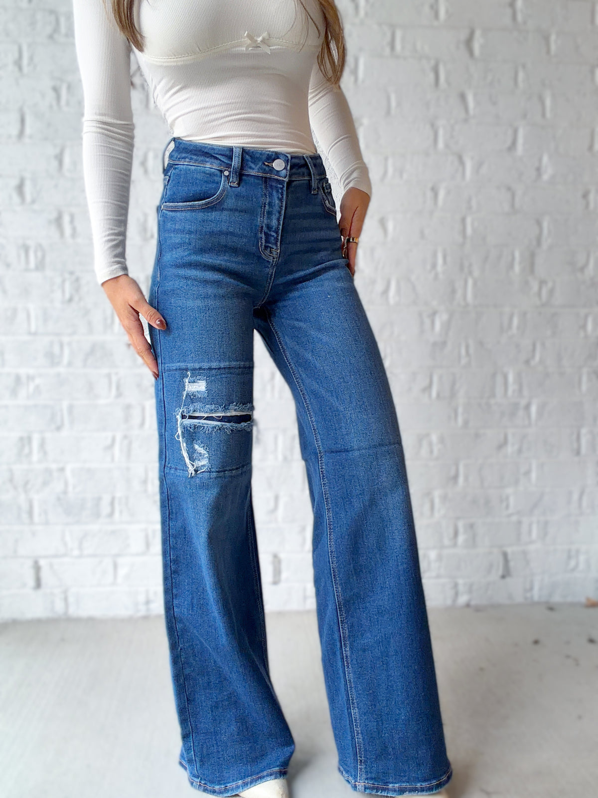 Marlowe High Rise Distressed Wide Leg Jeans