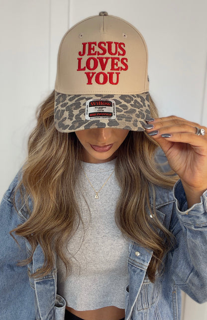 Jesus Loves You Embroidered Leopard Trucker Hat