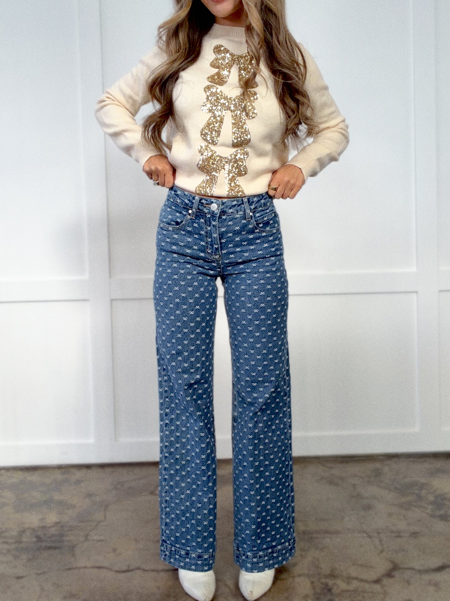Evie Embroidered Bow Wide Leg Jeans