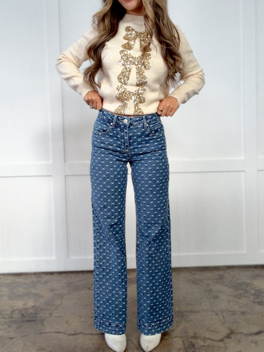 Evie Embroidered Bow Wide Leg Jeans