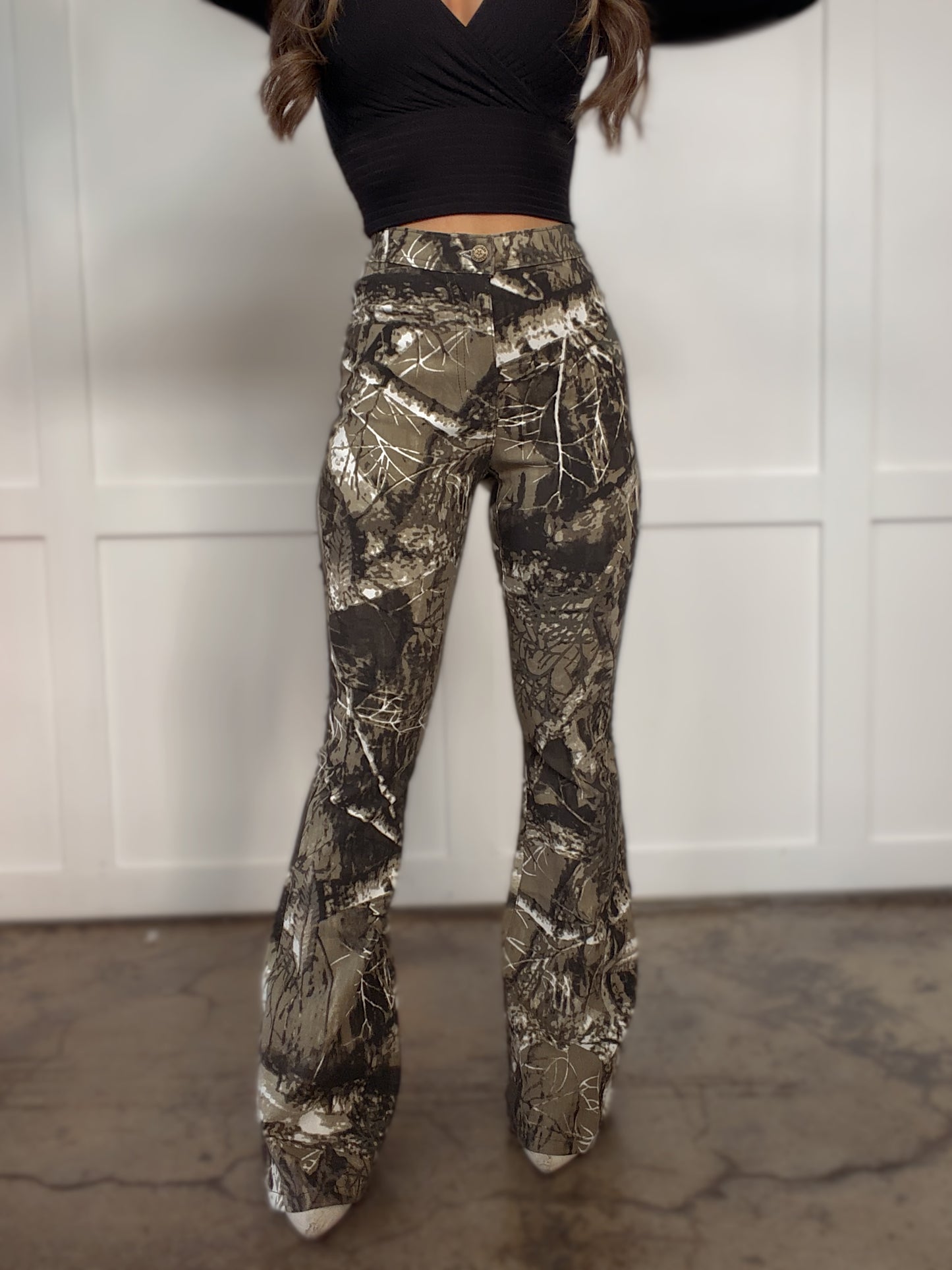PREORDER: Fiona High Waisted Bell Bottom Flare Jeans - Brown CAMO