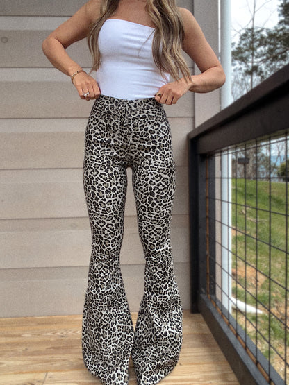 PREORDER: Fiona Leather Leopard High Waisted Bell Bottom Flare Jeans - Grey Moonstone Leopard