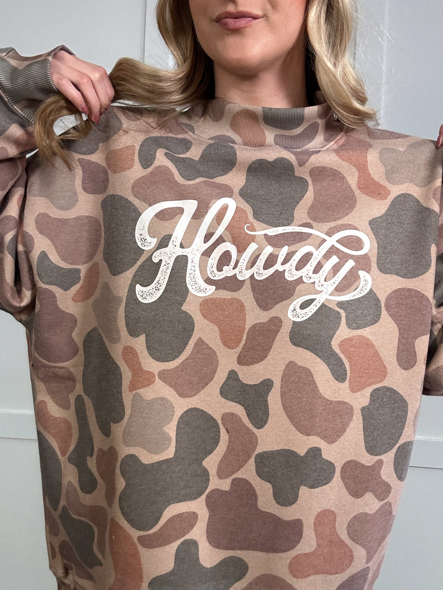 Tilly Howdy Oversized Dark Camo Mock Neck Crew