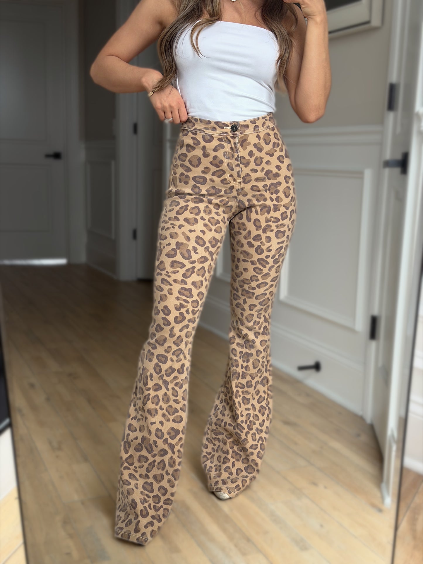 PREORDER: Fiona High Waisted Bell Bottom Flare Jeans - Light Brown Leopard
