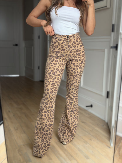 PREORDER: Fiona High Waisted Bell Bottom Flare Jeans - Light Brown Leopard