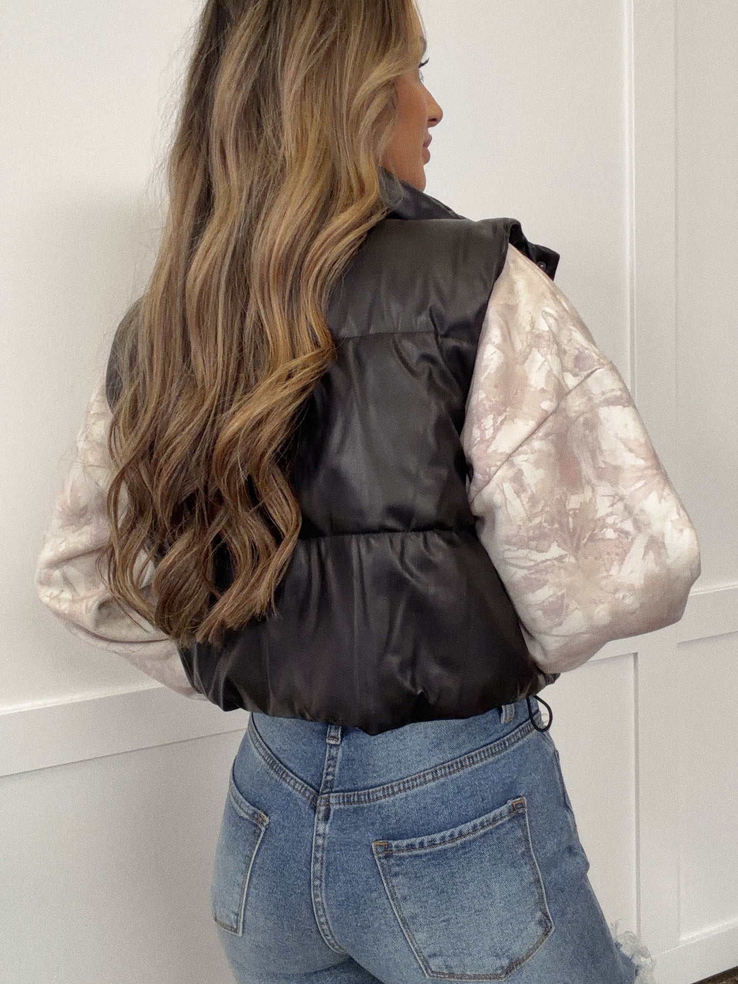 Cropped Black PU Faux Leather Puffer Vest