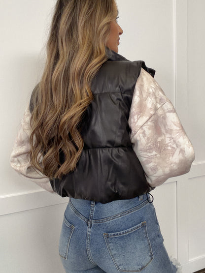 Cropped Black PU Faux Leather Puffer Vest