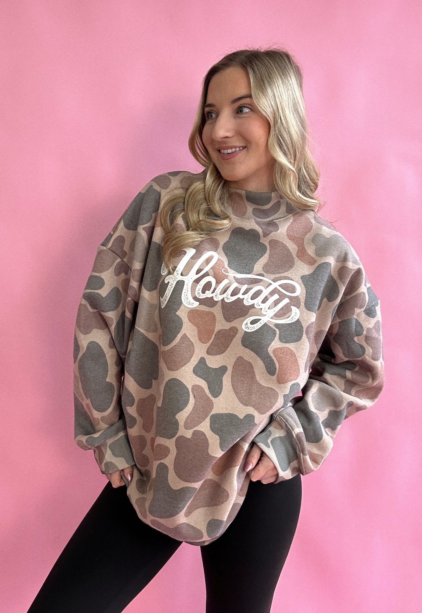 Tilly Howdy Oversized Dark Camo Mock Neck Crew