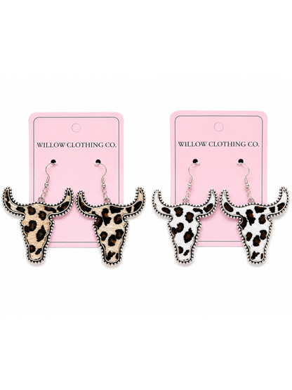 Cow Print Longhorn Drop Earrings