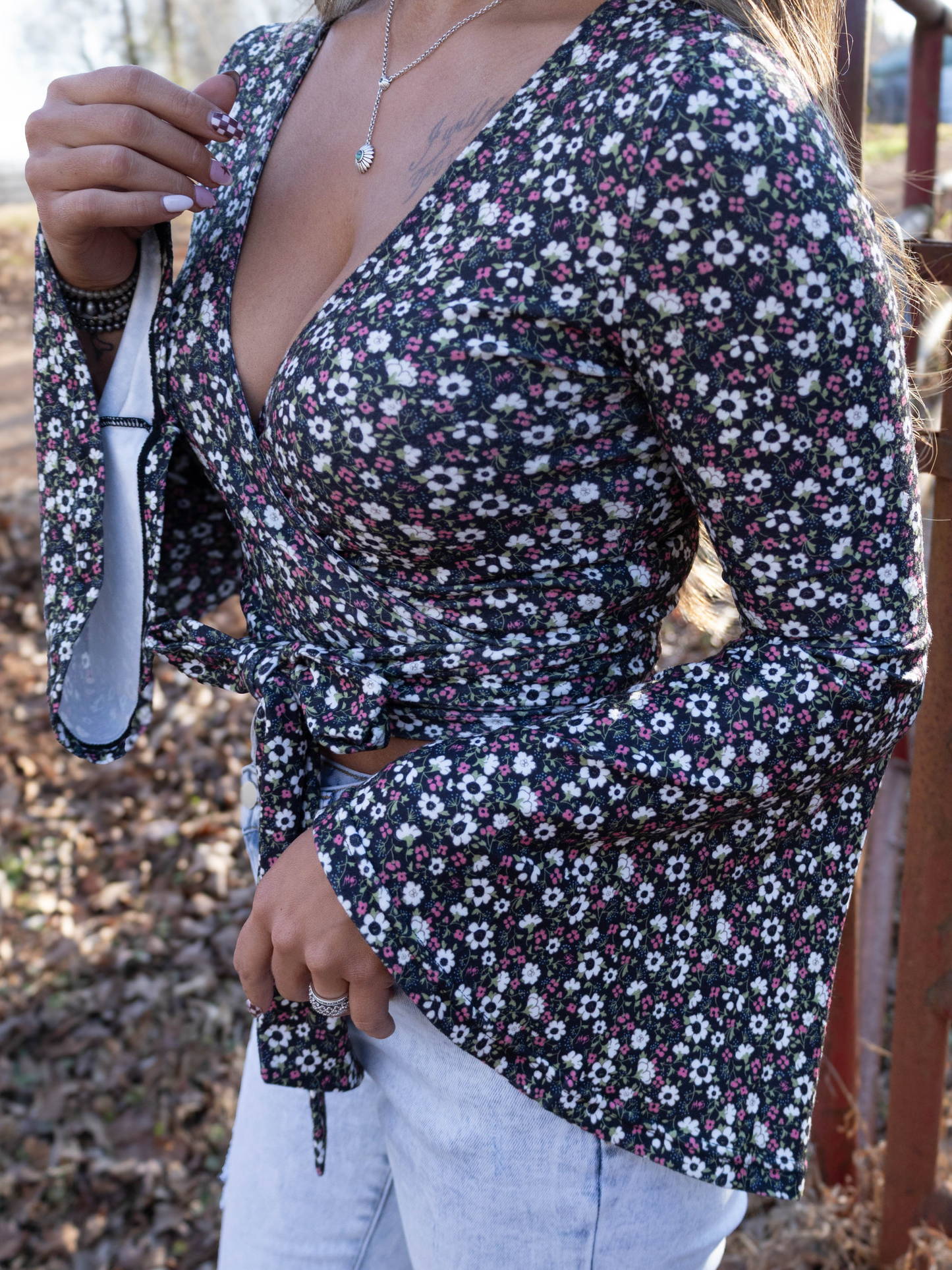 Woodstock Floral Bell Sleeve Wrap Top - Midnight Meadow
