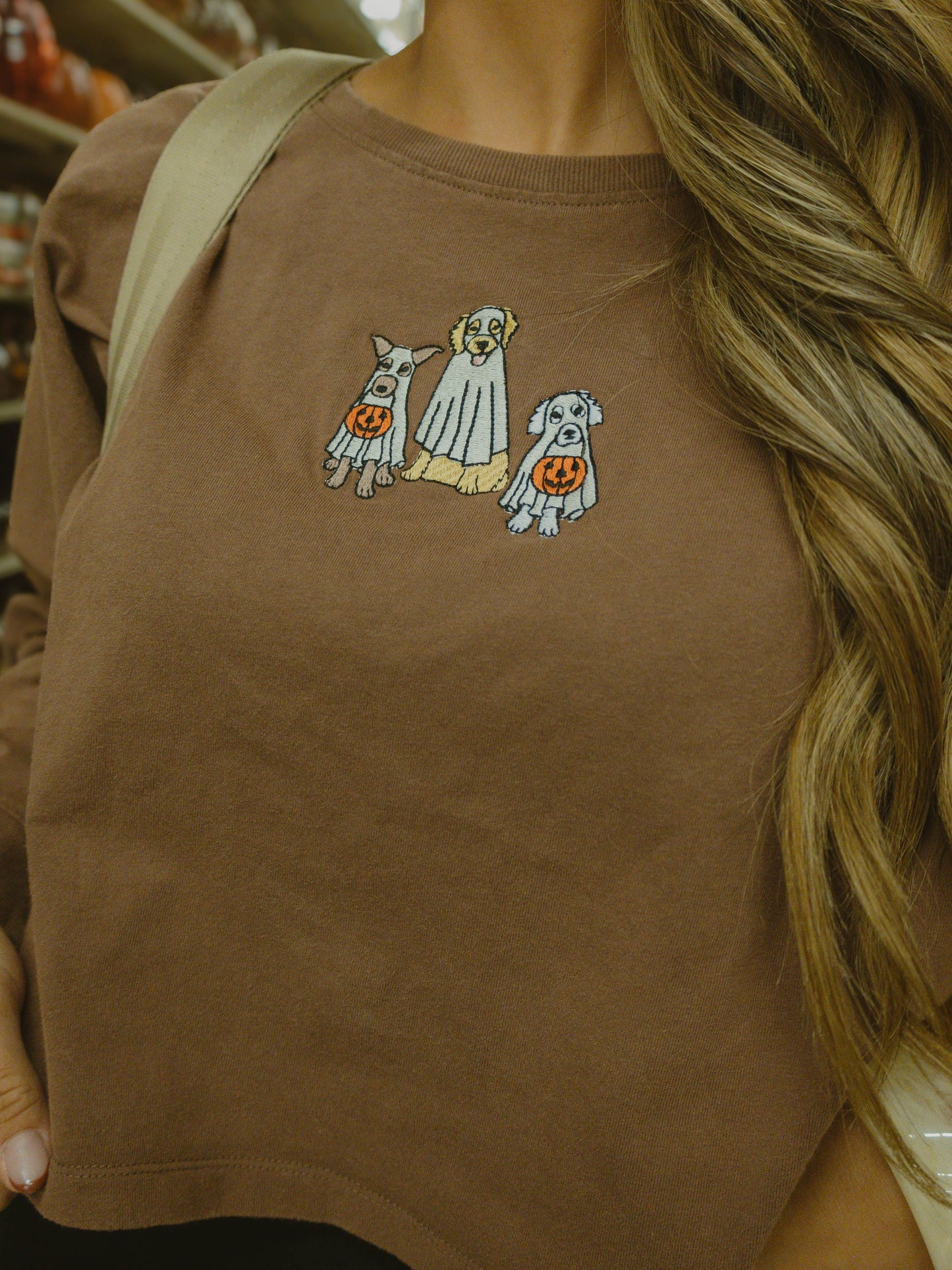 Spooky Dogs Embroidered Riley Cropped Long Sleeve