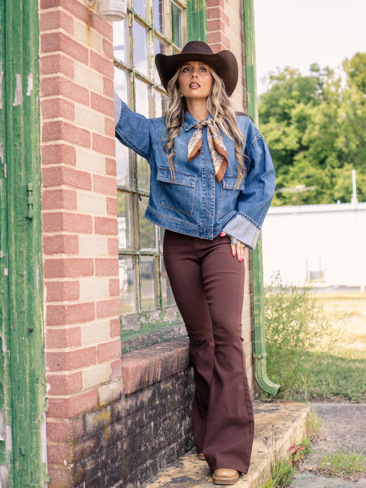 Fiona High Waisted Bell Bottom Flare Jeans - Chocolate Brown