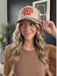 Jesus Loves You Embroidered Leopard Trucker Hat