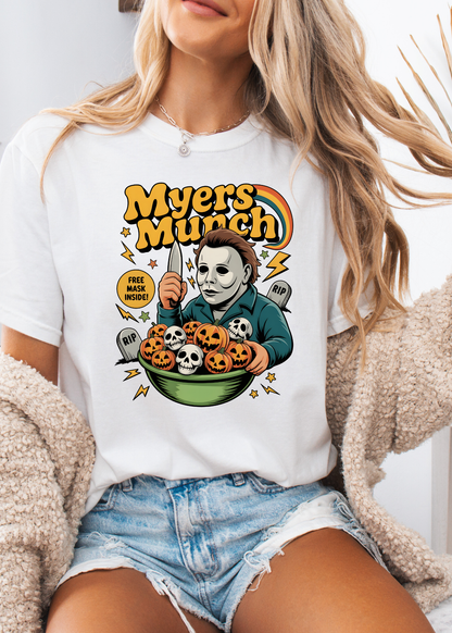 Person wearing a white t-shirt with 'Myers Munch' graphic design.